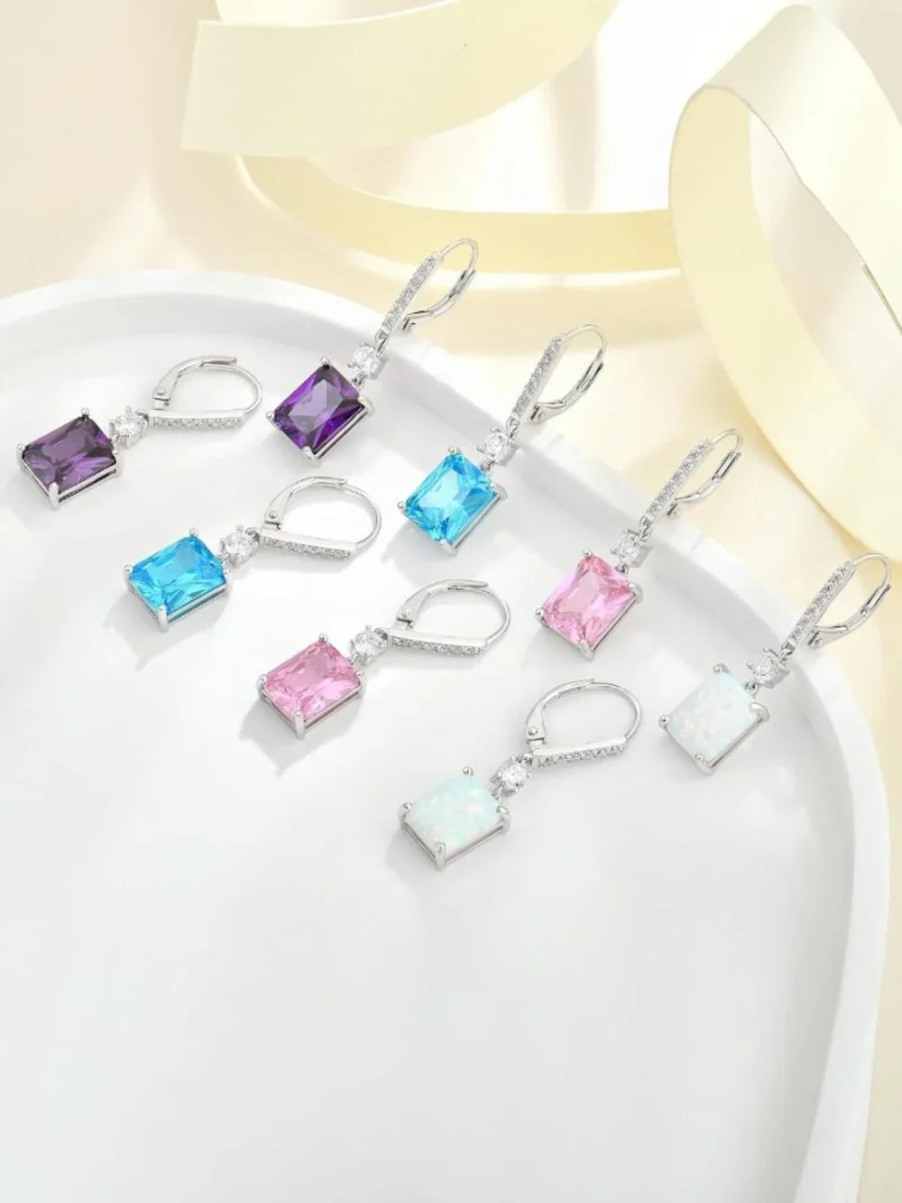 Emerald Cut Dangle Earrings for Women, 925 Sterling Silver, Birthstone Halo